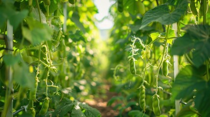 Obraz premium Green Pea Plants in a Greenhouse