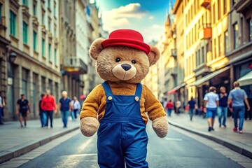 Adorable brown teddy bear in a red hat and blue overalls strolls down a bustling city street, spreading joy and nostalgia.