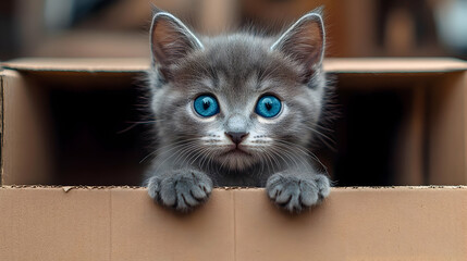 Cute Kitten with Big Blue Eyes Peeking from a Cardboard Box - Photo