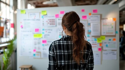 A project timeline drawn on a whiteboard, with key tasks highlighted.