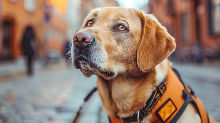 Labrador Retriever wearing a service dog vest, guiding a person, city street, high detail, vibrant colors, photorealistic, helpful and reliable