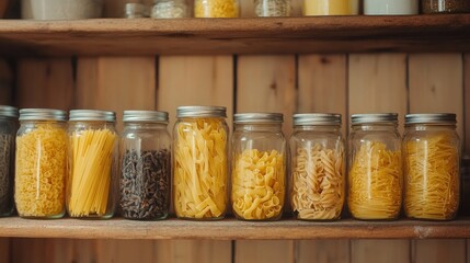 A row of glass jars filled with various kinds of pasta, stacked on a rustic kitchen shelf.