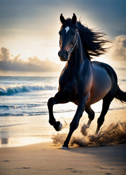 black hourse running on the beach