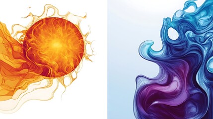 Dual Energetic Contrast - Orange Sun and Swirling Blue-Purple Waves Vector Art Illustration on White Background