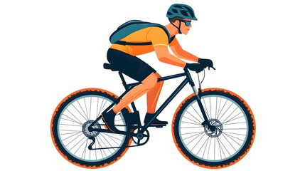A person riding an off-road bicycle, with a flat design featuring simple lines and minimal details, set against a white background in an illustrative style.
