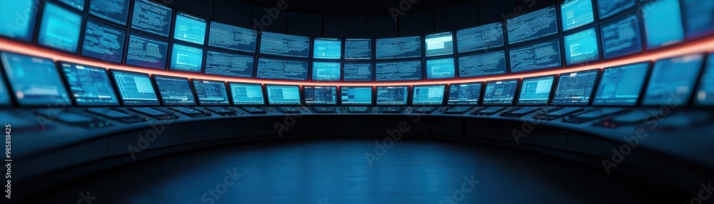 Poster futuristic control room with multiple screens displaying data, ideal for technology and innovation t