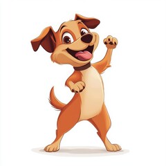 Obraz premium A cheerful cartoon dog with brown fur, a black nose, and a big smile stands on all fours with one paw raised, looking excited and friendly.
