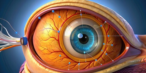 Anatomy of the eye, showcasing essential structures like cornea, lens, retina, iris, and more, crucial for understanding vision and ocular health in biology and medicine.