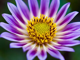 A close up of a purple flower with a yellow center