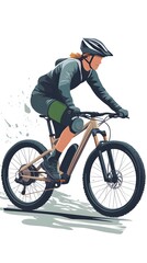 Naklejka premium A person riding an off-road bicycle, with a flat design featuring simple lines and minimal details, set against a white background in an illustrative style.