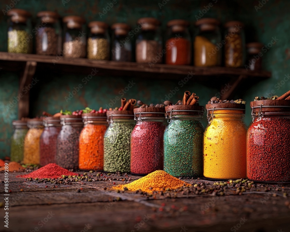 Poster a rustic kitchen with an array of spices in vintage jars.
