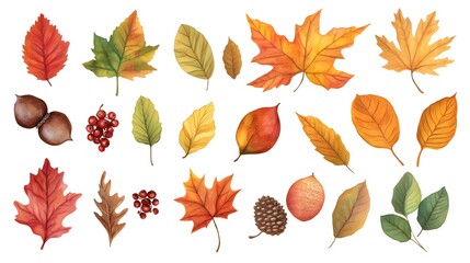 Set of autumn leaves clip art, vector illustration, white background, flat color, hand-drawn style, autumn colors