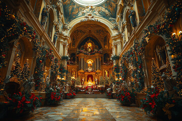 Obraz premium A Baroque-era church decorated with elaborate nativity scenes and filled with the sound of an organ playing Christmas hymns. Concept of Christmas in the Baroque period.