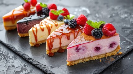 Assorted gourmet fruit topped dessert slices including raspberry and blackberry cheesecake arranged neatly on a black slate platter  The desserts are decorated with fresh berries cream