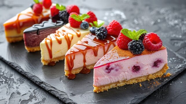 Assorted gourmet fruit topped dessert slices including raspberry and blackberry cheesecake arranged neatly on a black slate platter  The desserts are decorated with fresh berries cream