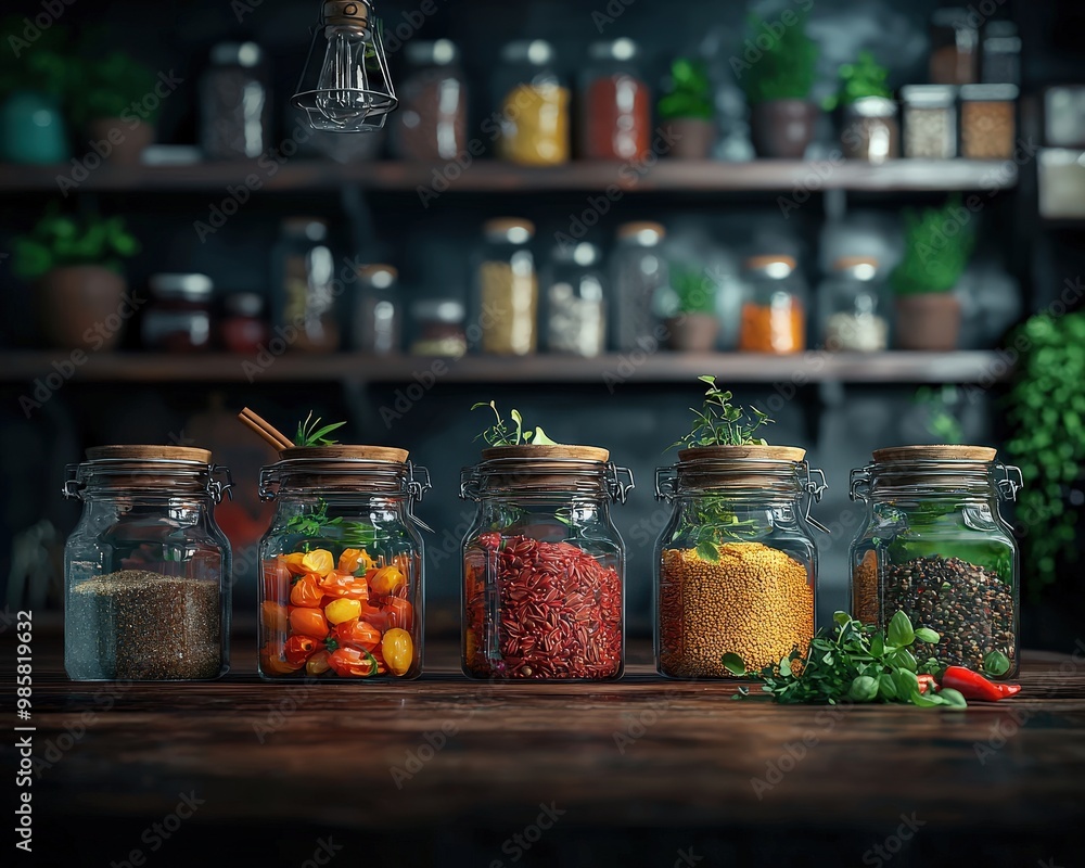 Poster a rustic kitchen with an array of spices in vintage jars.