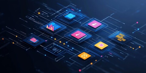 Abstract blue background with colorful icons and glowing lines.