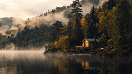 Fototapeta premium A serene lakeside cabin surrounded by misty mountains and autumn foliage, reflecting tranquility and nature's beauty.