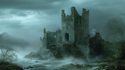 Fototapeta premium A Ruined Stone Castle on a Misty Riverbank