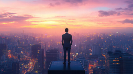 businessman in suit stands on skyscraper, gazing at vibrant sunset