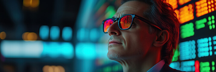 Focused man in sunglasses observing stock market data with determination