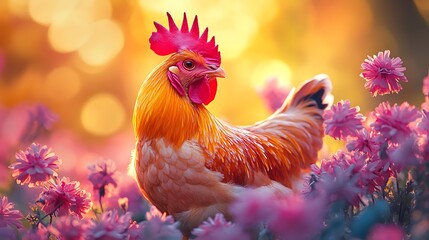Fototapeta premium A rooster stands in a field of pink flowers, bathed in the warm glow of the setting sun.