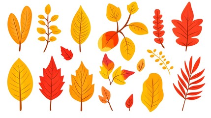 Set of autumn leaves clip art, vector illustration, white background, flat color, hand-drawn style, autumn colors
