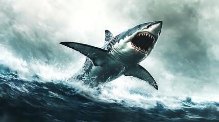 Fototapeta premium Fierce Shark Leaping Out of Stormy Ocean - Dramatic Illustration on White Background in High Resolution