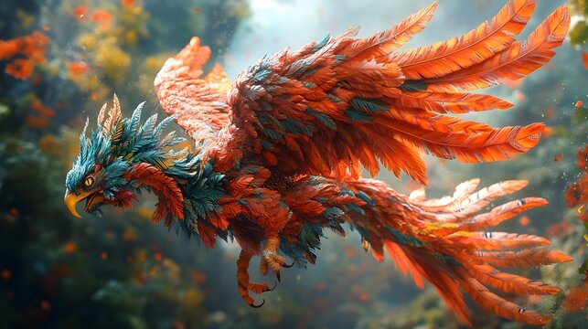 Vivid 3D Depiction of the Aztec Feathered Serpent God Quetzalcoatl Soaring Through Colorful Sky