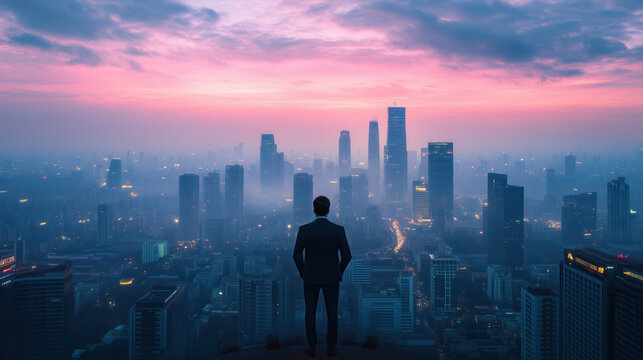 businessman standing on top of skyscraper, gazing at city skyline