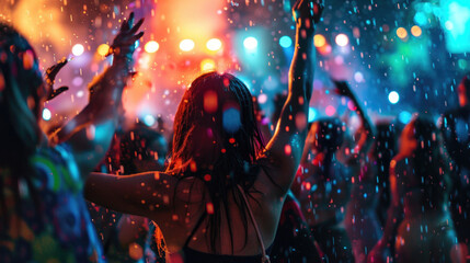 Silhouette of woman dancing at a rock concert, surrounded by a crowd of people under colorful lights