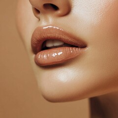 A close-up of a woman's lips with soft, neutral tones