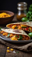 Close up of a delicious quesadilla with melted cheese, chili, and vegetables on a rustic wooden table.
