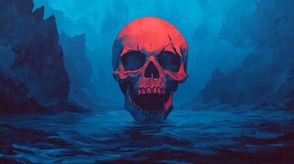 Red Skull in Blue Water   Surreal Digital Art