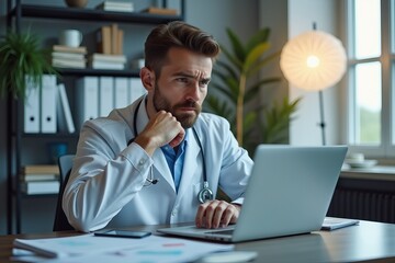Naklejka premium Focused Male Doctor Using Laptop: Modern Healthcare Professional in Clinical Setting