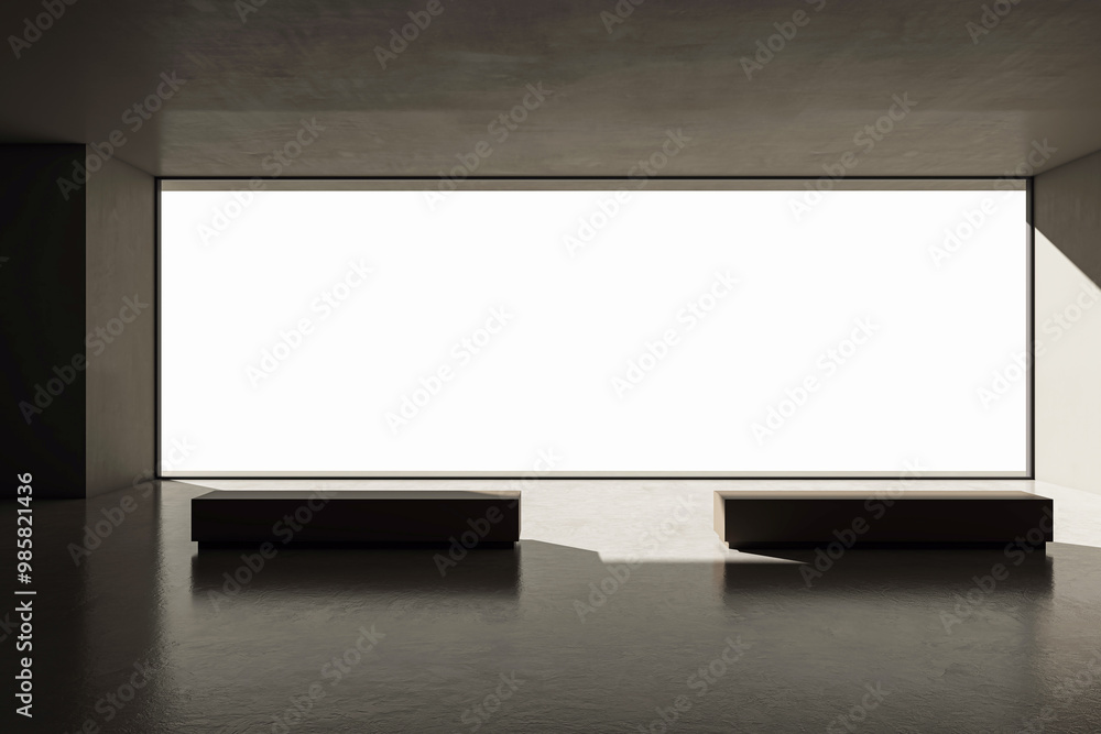 Poster empty modern room with large window and minimalist benches. 3d rendering