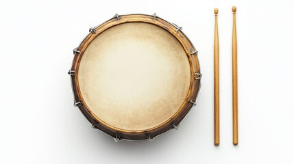 Fototapeta premium Overhead View of a Drum and Drumsticks on a Pristine White Background: A Minimalist Display of Percussion Instruments and Rhythm Tools for Musicians and Sound Creators