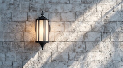 Stone Wall with Vintage Lantern and Sunlight