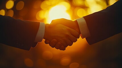 Two men shaking hands in front of a sunset