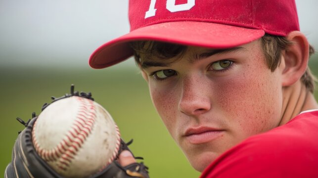 Close-up candid portrait of a high school baseball pitcher gripping the ball tightly, preparing to throw a fast pitch, their focus intense