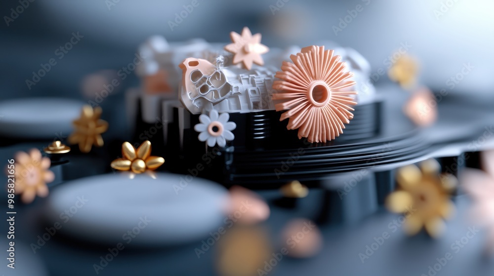Poster a 3d printed model of a car engine, highlighting the intricate design and functionality.