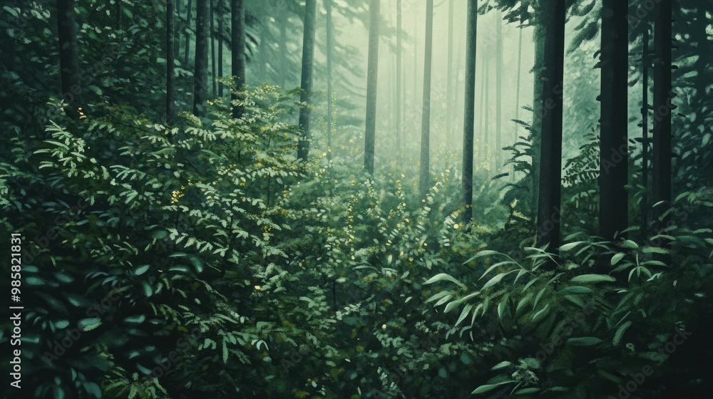 Wall mural A Misty Forest with Sunlight Filtering Through the Trees