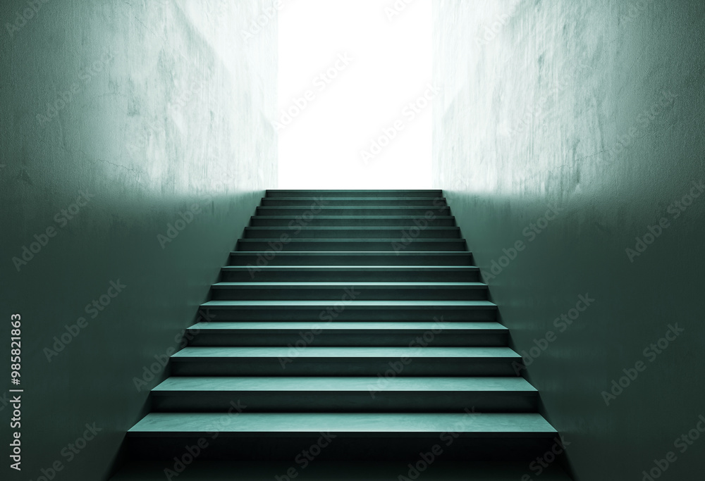 Poster abstract staircase leading to a bright light at the top. 3d rendering
