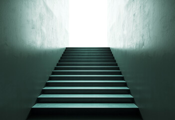 Abstract staircase leading to a bright light at the top. 3D Rendering
