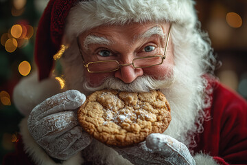 Santa attempting to eat a huge cookie, but it's too big to fit in his mouth. Concept of holiday indulgence and humor.