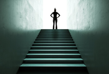 Silhouette of a Woman Standing at the Top of a Staircase in a Dark Hallway.