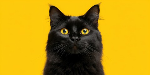 A captivating portrait of a black cat set against a vibrant yellow background, offering space for branding or messaging.