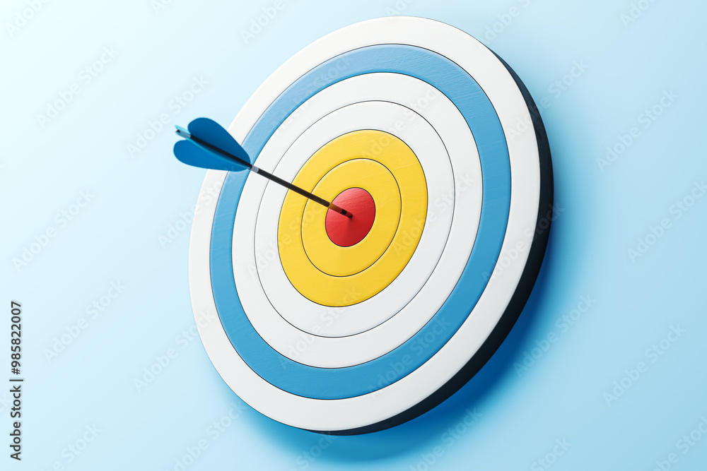 Aufkleber dartboard with arrow hitting bullseye on blue background. 3d rendering