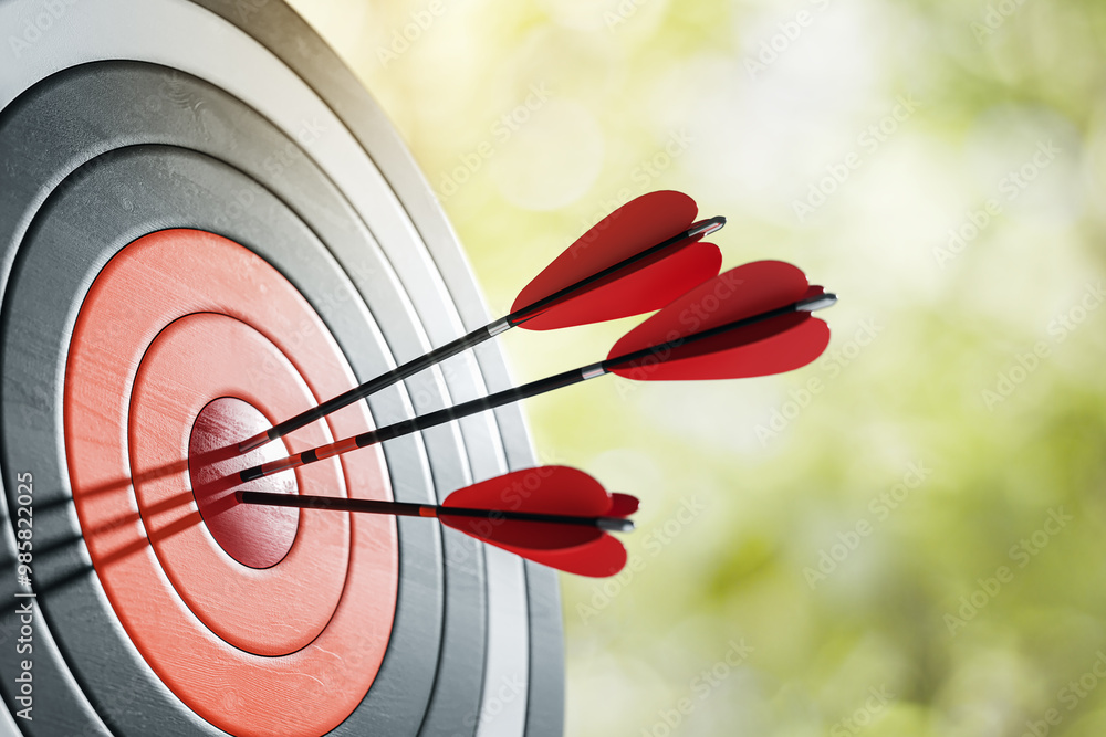 Poster three red darts hitting the bullseye on a dartboard outdoors. 3d rendering