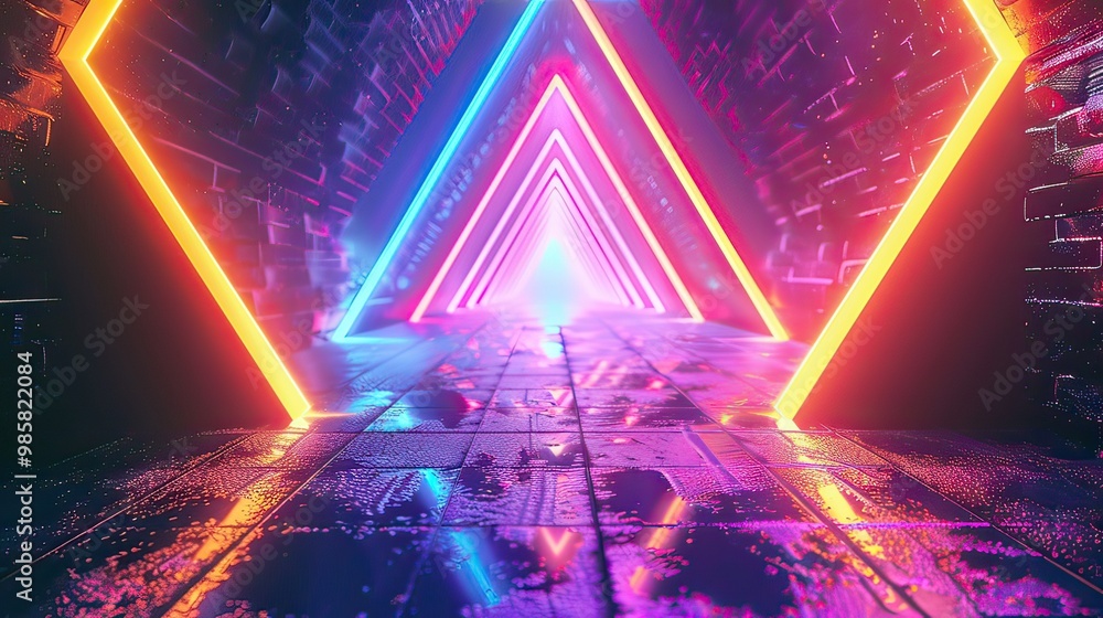 Aufkleber a surreal retro tunnel that appears to be floating in space, with glowing triangle lights casting co